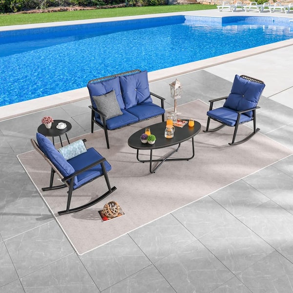 TOP HOME SPACE 5-Piece Metal Patio Conversation Set with Blue Cushions