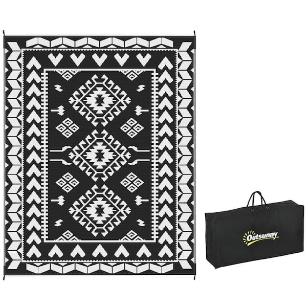 Black and White Rhombus Patchwork 8 ft. x 10 ft.Waterproof Plastic Reversible Outdoor Rug Large Straw Floor Mat Area Rug