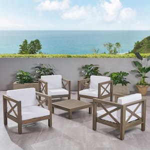 Brava Grey 5-Piece Wood Patio Conversation Seating Set with White Cushions