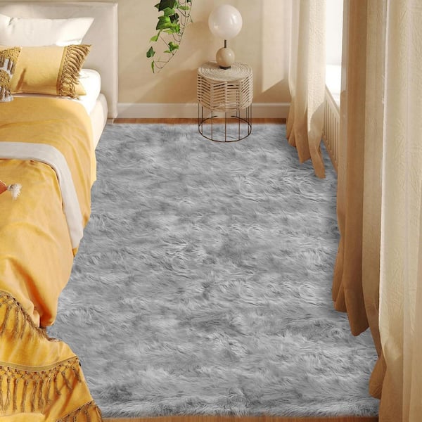 Gray 4 ft. x 6 ft. Fluffy Fuzzy Furry Cozy Faux Fur Rug Area Rug