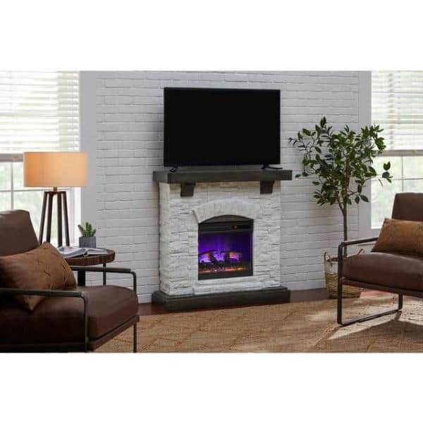 StyleWell Pembroke 40 in. W Freestanding Faux Stone Infrared Wall Mantel Electric Fireplace in White