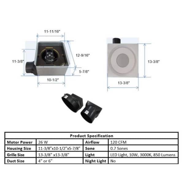 Slim Fit 120 CFM Bathroom Exhaust Fan with LED Light Ceiling or Wall Mount, White