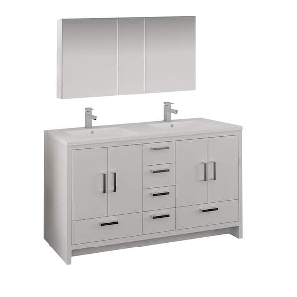 Fresca Imperia 60 in. Bathroom Double Vanity in Glossy White with Vanity Top in White with White Basins and Medicine Cabinet
