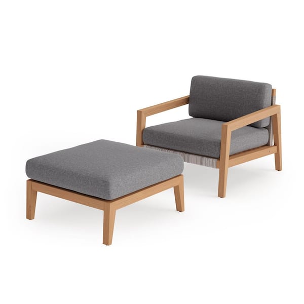 NewAge Products Lakeside 2 Piece Teak Outdoor Patio Chat Chair and Ottoman Set with Cast Slate Cushions