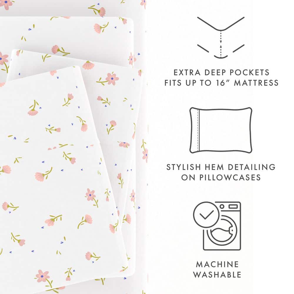 Queen Pink Floral Deep Pocket Cotton Polyester Bed Sheet Set