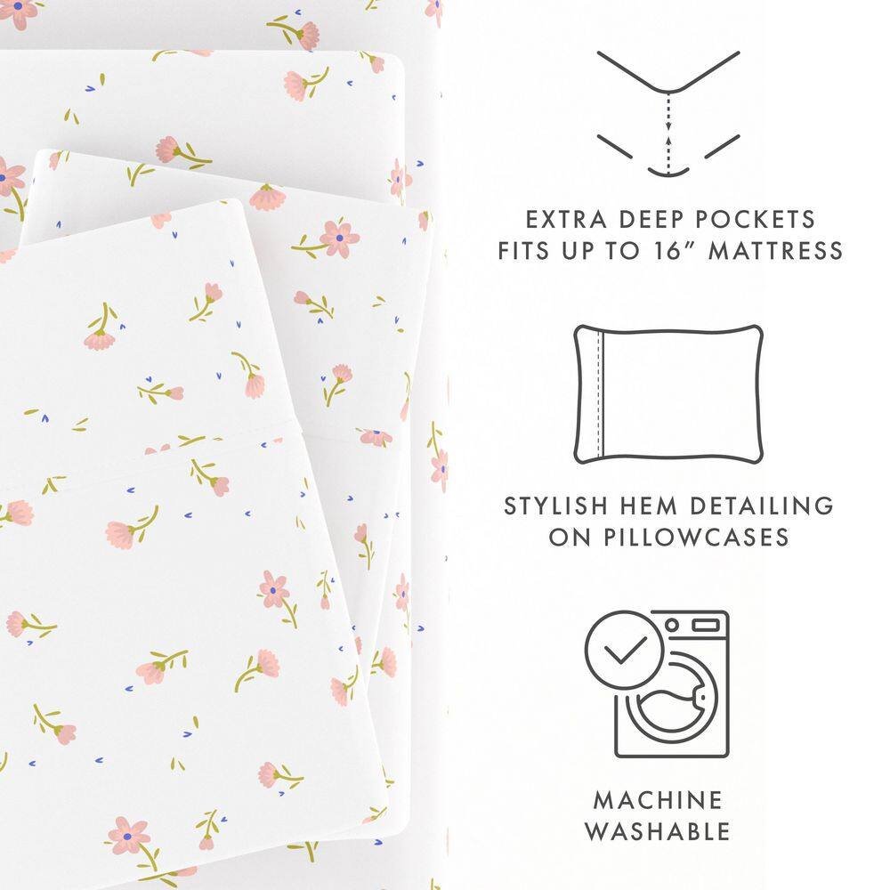 Twin Pink Floral Deep Pocket Cotton Microfiber Sheet Set