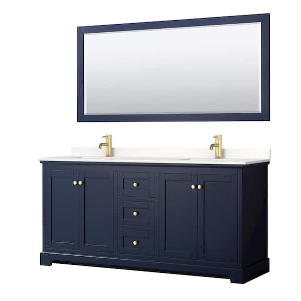Wyndham Collection Avery 72 in. W x 22 in. D x 35 in. H Double Bath Vanity in Dark Blue with White Quartz Top and 70 in. Mirror