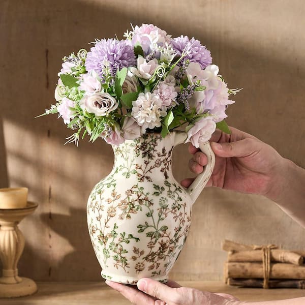 Angel Sar 8.1 in. Rustic Farmhouse Ceramic Vase Bottle with Handle