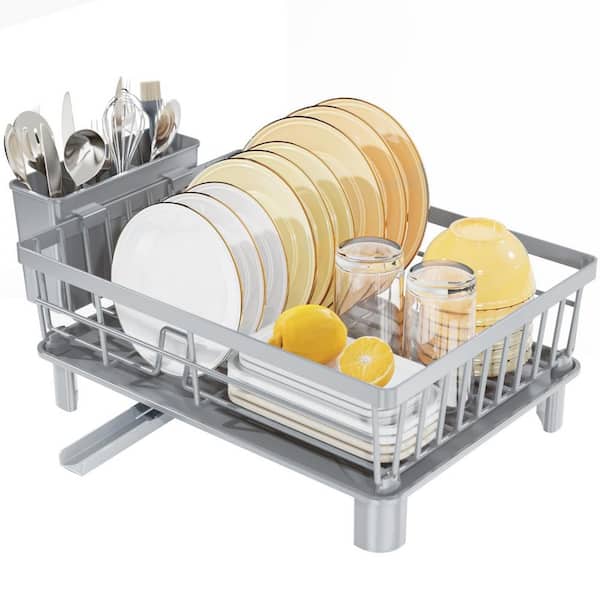 Numhew 15 in. x 11 in. Gray Stainless Steel Dish Drying Rack with Drainboard, Dish Rack with Utensil Holder