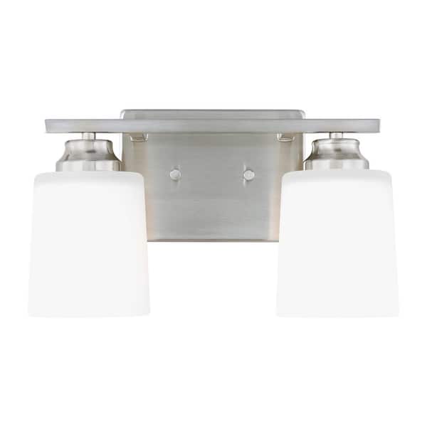 Vinton 13.125 in. 2-Light Brushed Nickel Bathroom Vanity Light with Etched White Glass Shades, LED Light Bulbs Included