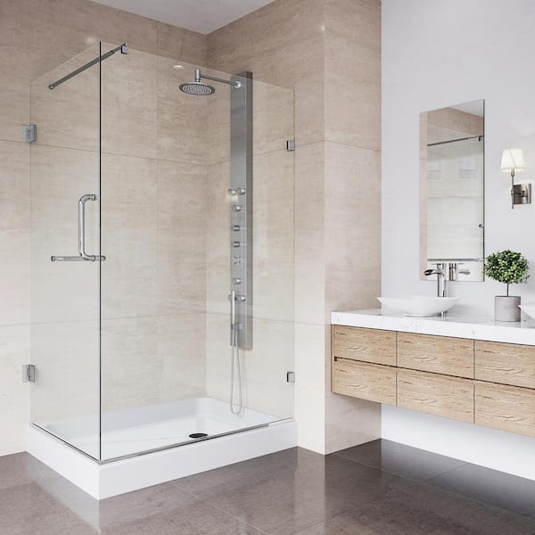 Pacifica 48 in. L x 36 in. W x 79 in. H Frameless Pivot Rectangle Shower Enclosure Kit in Chrome with Clear Glass