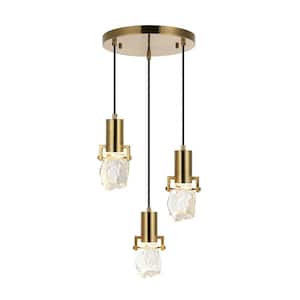 3-Light Modern Crystal Pendant Light Fixture Height Adjustable Hanging Light, Brass