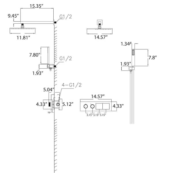 2-spray 15 in. Dual Handheld Shower Head Wall Mounting Fixed and Rain Shower Combo Set With Hand Shower in Matte Black