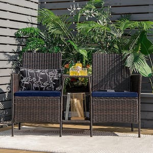 Brown Wicker Patio Conversation Set Patio Loveseat With Navy Cushion