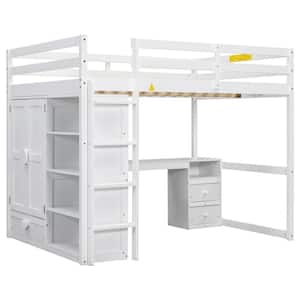 White Full Size Loft Bed with Wardrobe, Desk, Shelves and Drawers