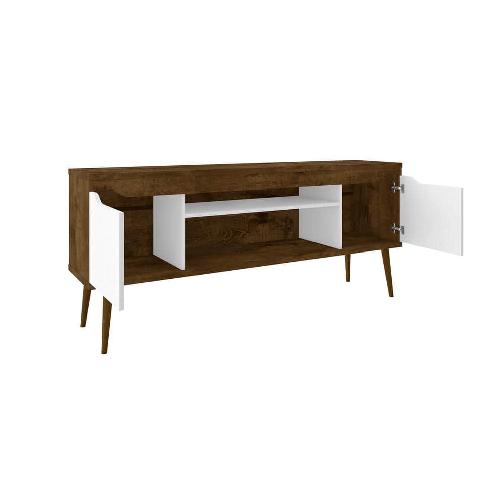 Rustic Brown and White Solid Wood 63" TV Stand with Cabinet Storage