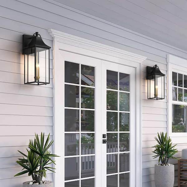 Hawaii 25 in. H 3-Bulb Black/Gold Hardwired Outdoor Wall Lantern Sconce with Dusk to Dawn