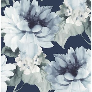 Navy Blue and Slate Green Watercolor Floral Vinyl Peel and Stick Wallpaper Roll 30.75 sq. ft.