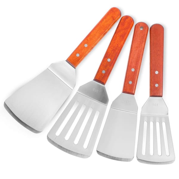 Stainless Steel Finish 4 Pack Metal Spatula Set with Full Tang Wooden Handle for Griddle BBQ Pizza Cooking