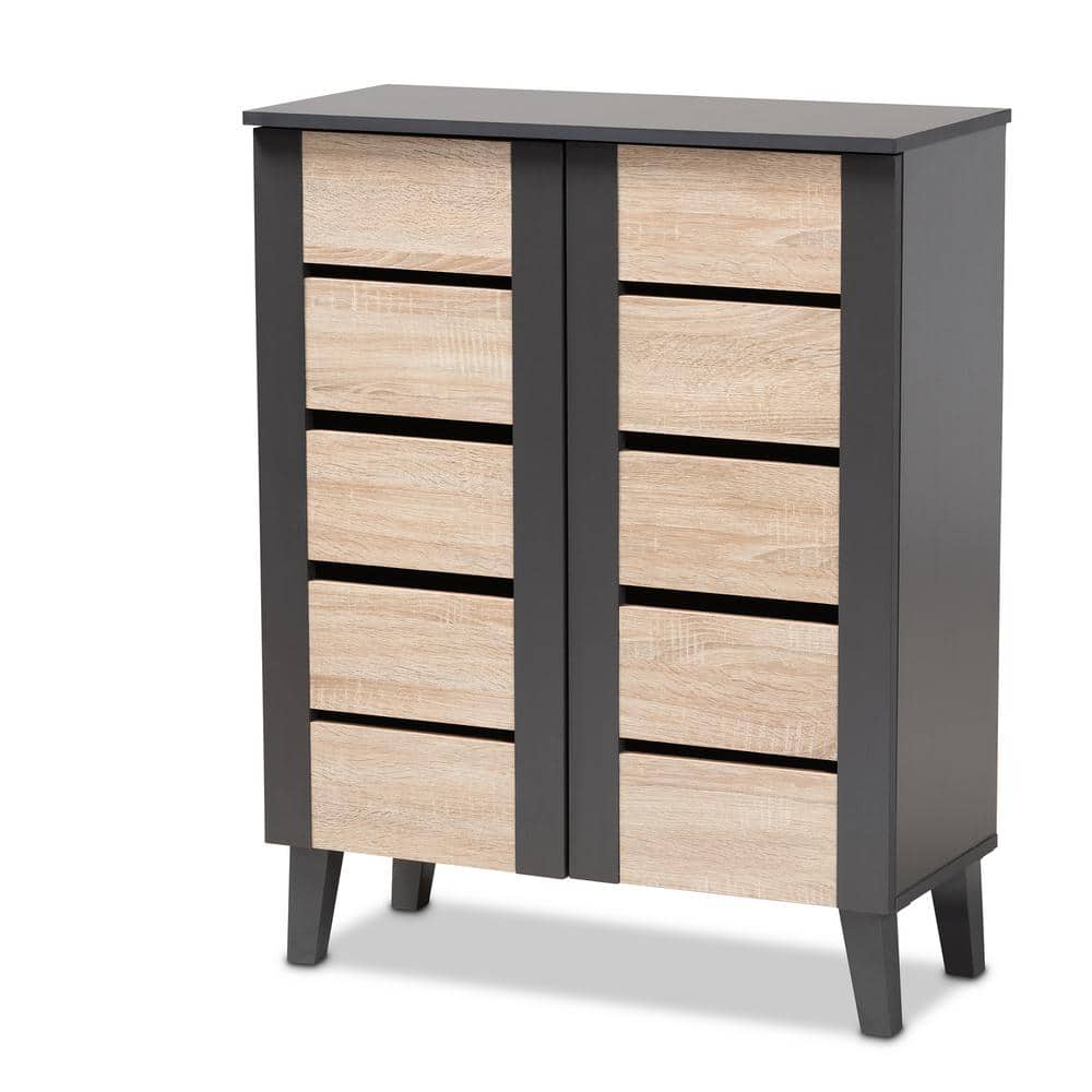 Two-Tone Oak and Dark Gray Wood Shoe Storage Cabinet