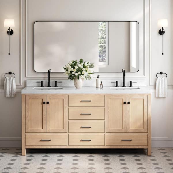 Cambridge 72 in. W x 22 in. D x 36.5 in. H Double Freestanding Bath Vanity in Oak with Italian Carrara Marble Top