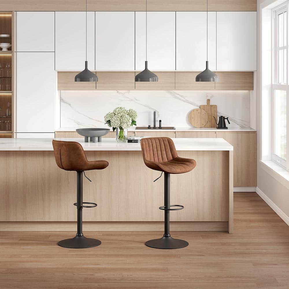Cognac Faux Leather Adjustable Swivel Bar Stools with Black Base, Set of 2