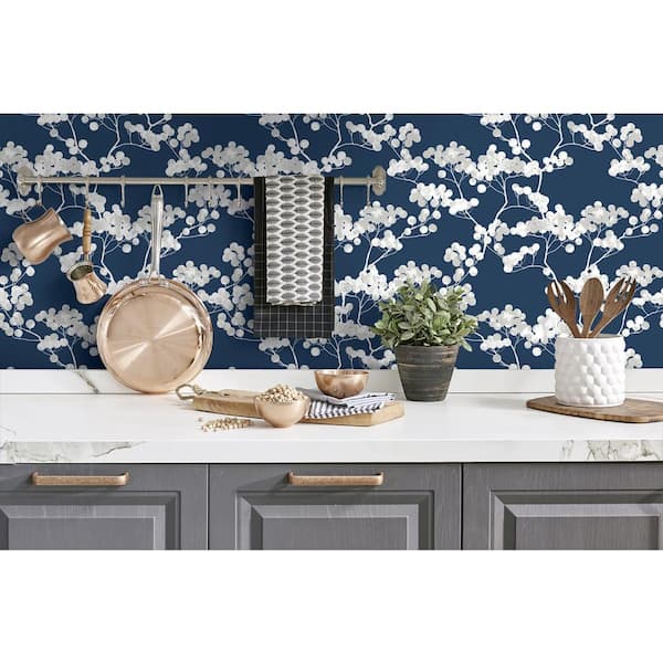 Cyprus Blossom Navy Blue And Grey Floral Vinyl Peel & Stick Wallpaper Roll (Covers 30.75 Sq. Ft.)