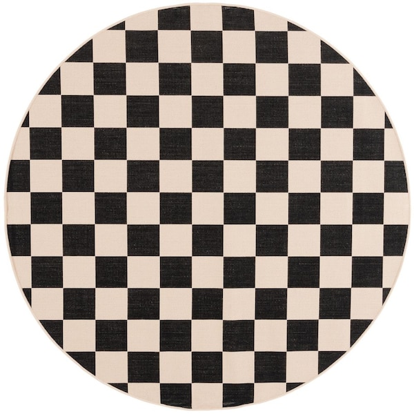 Courtyard 7 ft. x 7 ft. Black/Beige Checkered Indoor/Outdoor Round Rug