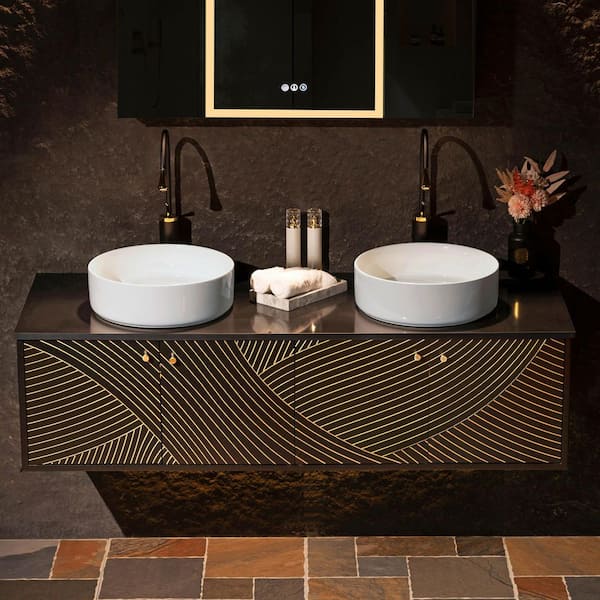 59.9 in. W x 22 in. D Double Ceramic Vessel Sink Floating Bath Vanity in Black with Black Engineered stone Vanity Top