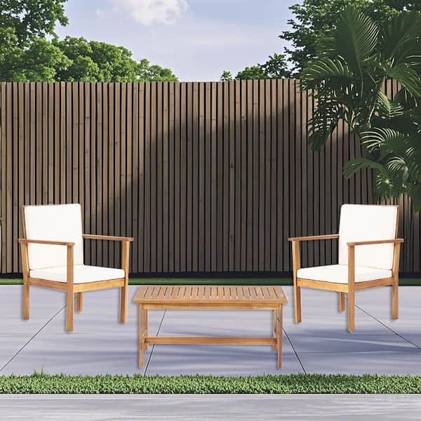 3-Piece Brown Slatted Design Outdoor Conversation Set with Biege Cushion and Coffee Table