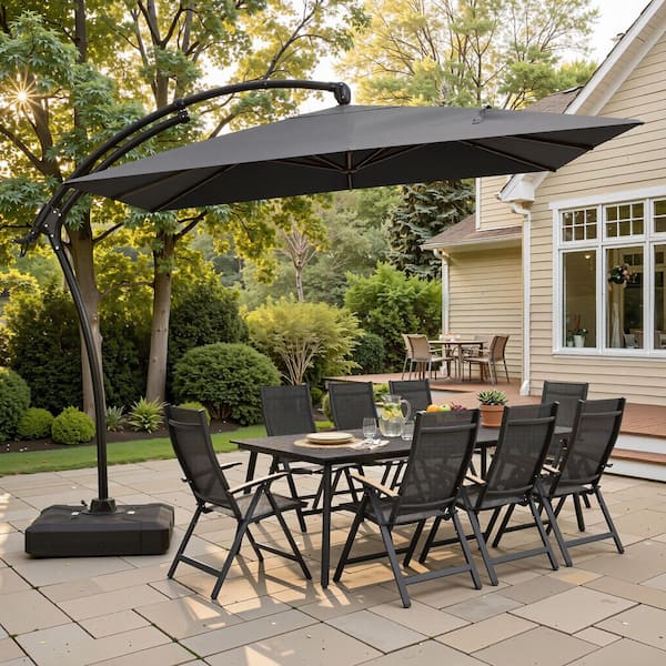 10 ft outdoor patio cantilever offset umbrella Crestlive Products 10 ft. Square Outdoor Offset Umbrella in Dark Gray 360°  Rotation Patio Cantilever Umbrella with 350 lbs. Wheeled Base