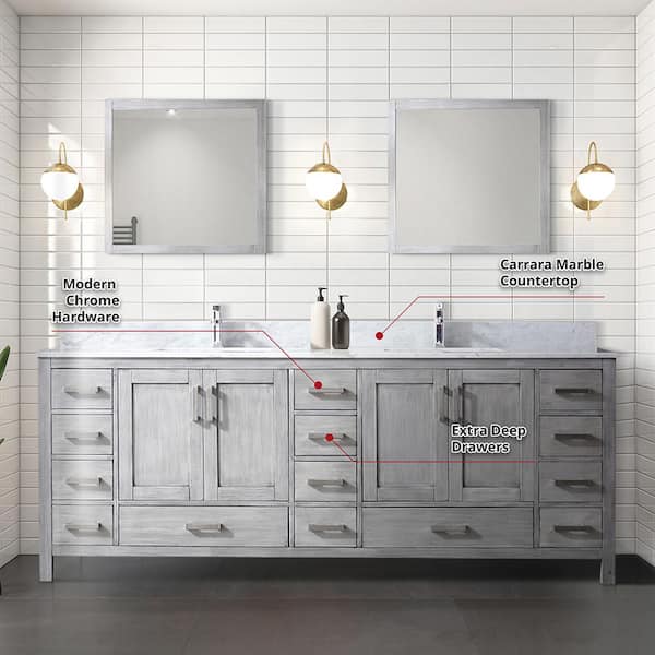 Lexora Jacques 84-in Distressed Grey Double Sink Bathroom Vanity with White Carrera Marble Marble Top
