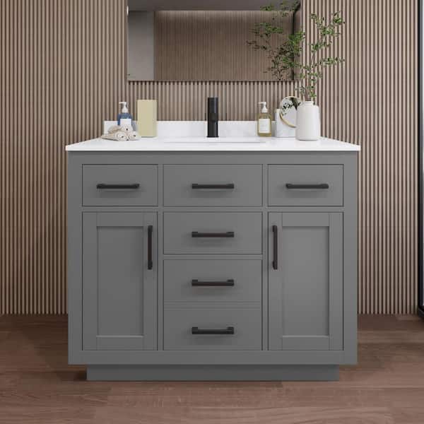 Wyndham Collection Beckett TK 42 in. W x 22 in. D x 35 in. H Single Bath Vanity in Dark Gray with White Quartz Top