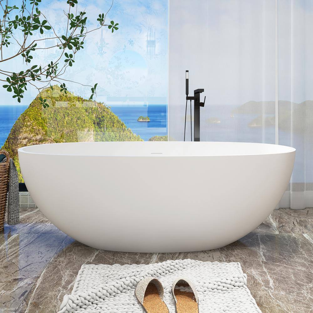 65" Matte White Stone Resin Freestanding Soaking Bathtub