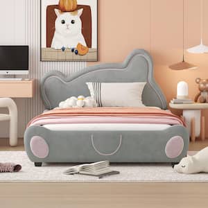 Gray Upholstered Wood Frame Full Size Platform Bed with Storage Pocket