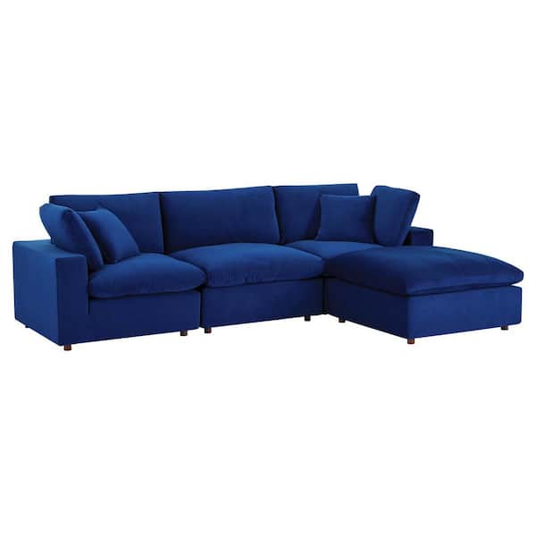 MODWAY Commix Down Filled Overstuffed Performance Velvet 4-Piece Sectional Sofa in Navy