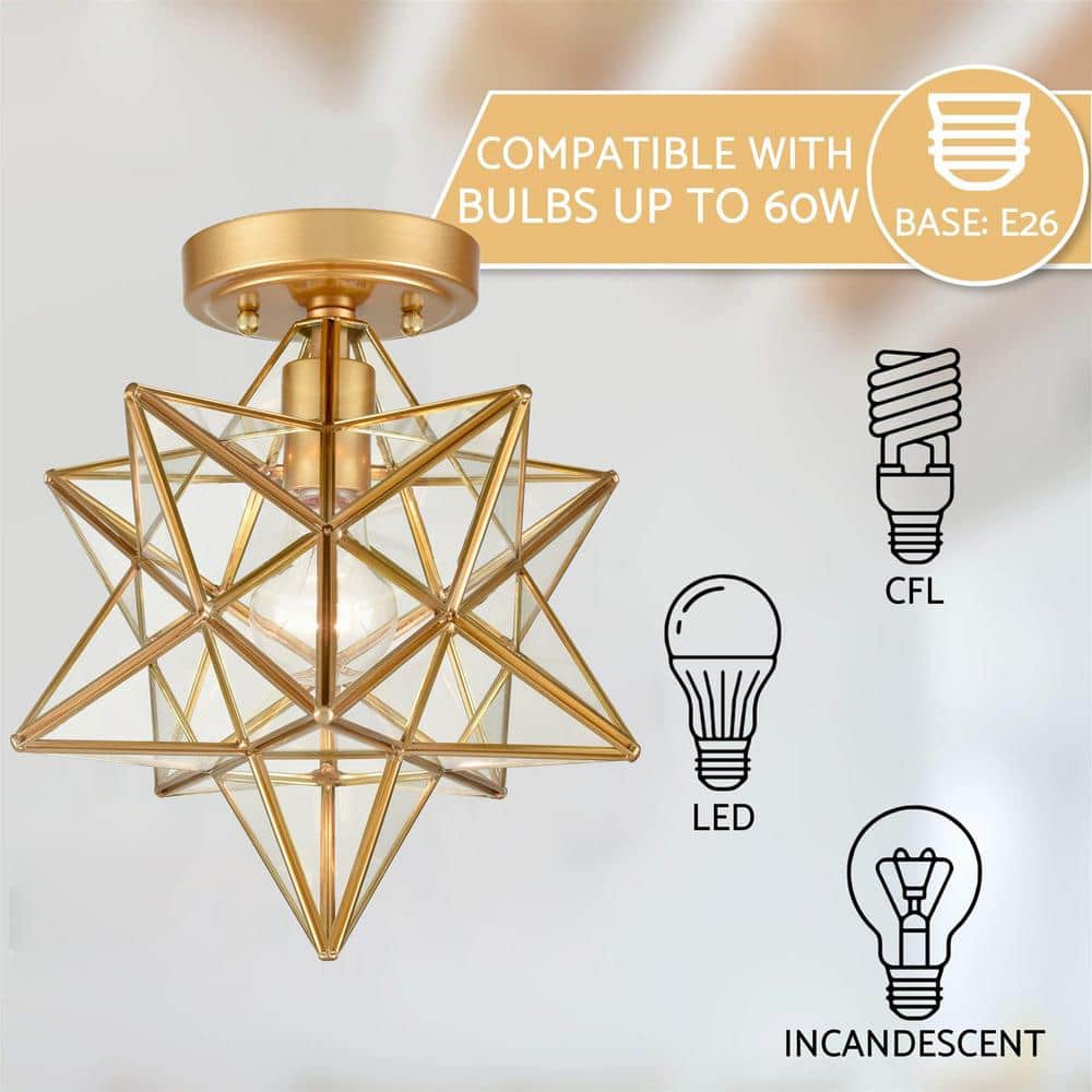 Brass Moravian Star Flush Mount Ceiling Light with Clear Glass