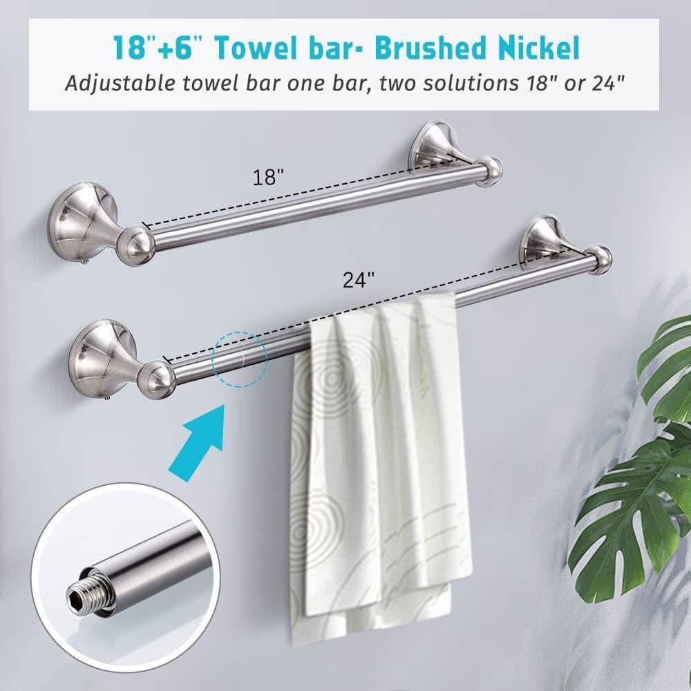 Brushed Nickel 4-Piece Bathroom Hardware Set with Adjustable Towel Bar