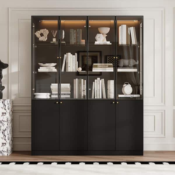 78.7 in. Tall Black Wood 10-Shelf Bookcase, Storage Cabinet, Display Storage, Sideboard w/ Glass Doors and Glass Shelves