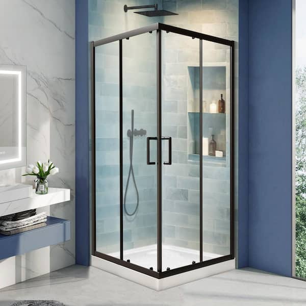 36 x 36 in. W x 71 in. H Framed Corner Sliding Shower Enclosure in Matte Black Finish with Clear Glass