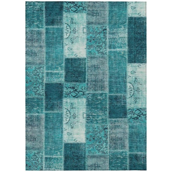 Teal Blue, Aqua, Turquoise 5 ft. x 8 ft. Woven Plaid Polyester Rectangle Indoor/Outdoor Area Rug