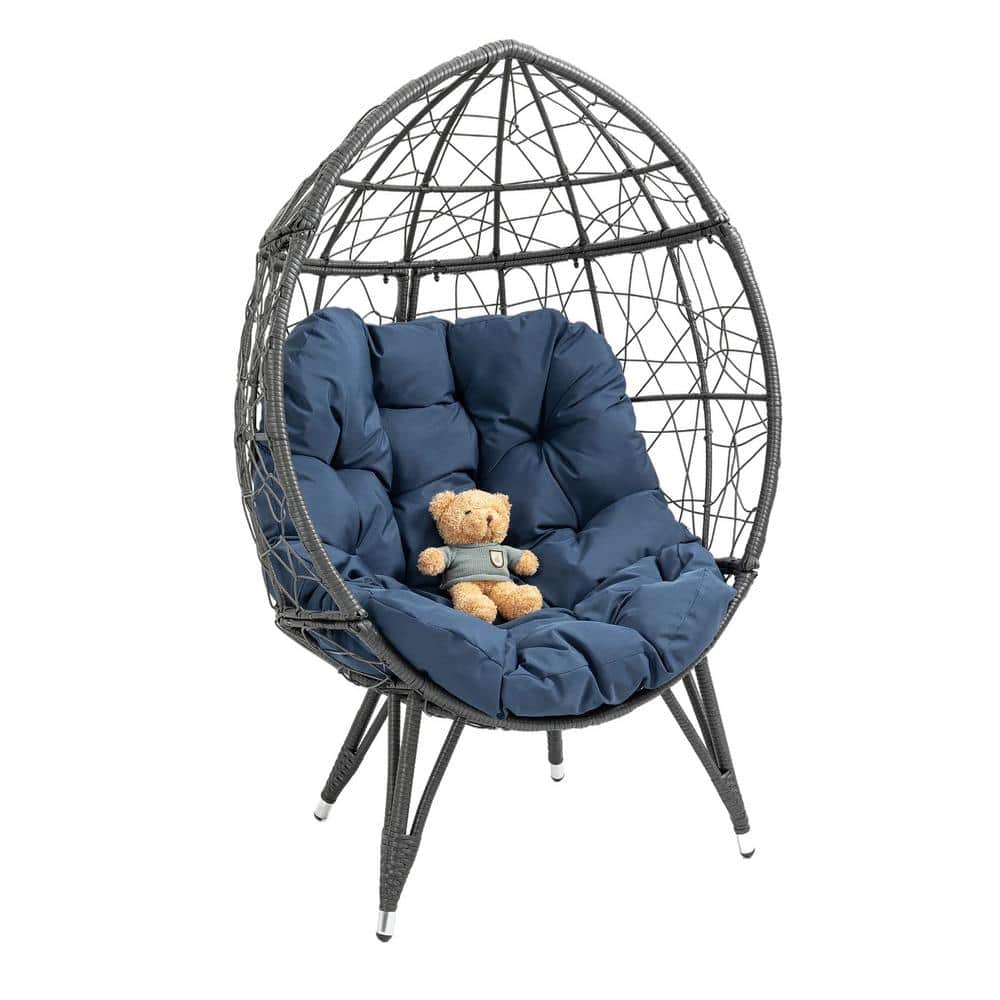 Patio Oversized Wicker Egg Chair, Outdoor Lounge Chair with Navy Cushion fo