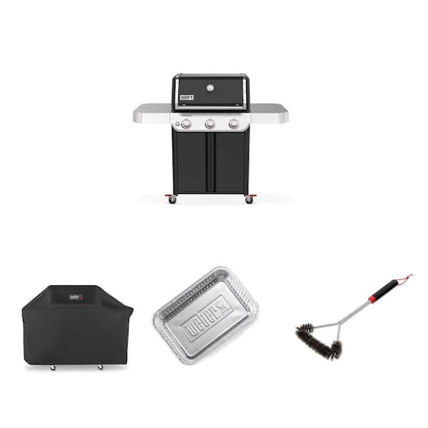 Genesis E-315 3-Burner Gas Grill, 18 in. 3 Sided Brush, Drip Pans (10-Pack) and Grill Cover Combo