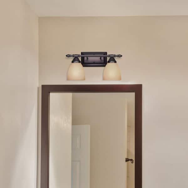 Apollo 15.75 in. 2-Light Oil Rubbed Bronze Modern Vanity Light with Amber Sandstone Glass Shades