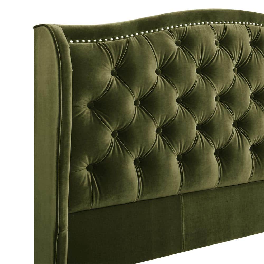 Elegant Olive Green Velvet Queen Bed with Nailhead Trim