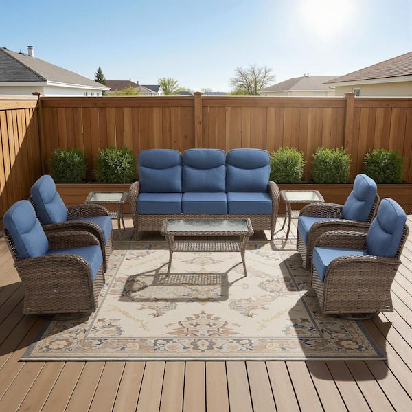 High Crescent 8-Piece Brown Wicker Patio Conversation Set with Blue Cushions and Table