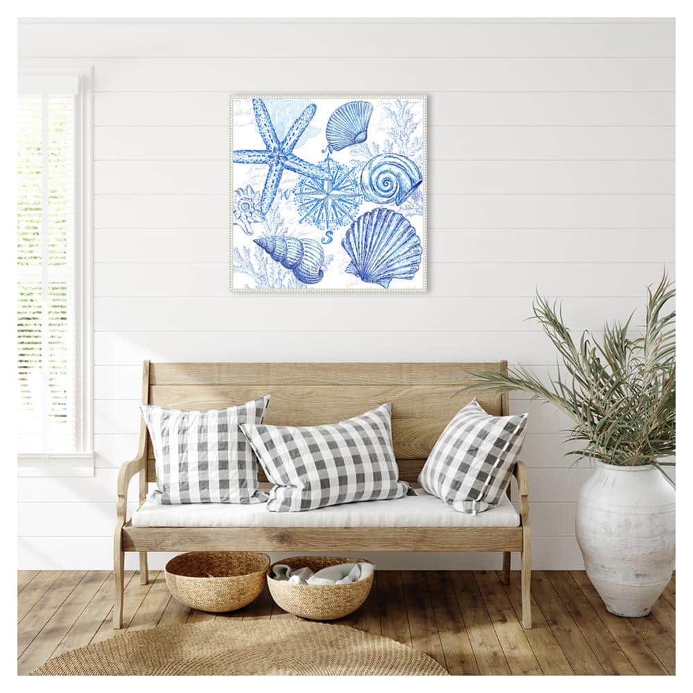 Coastal Blue Sea Shells and Starfish Canvas Wall Art in White Frame