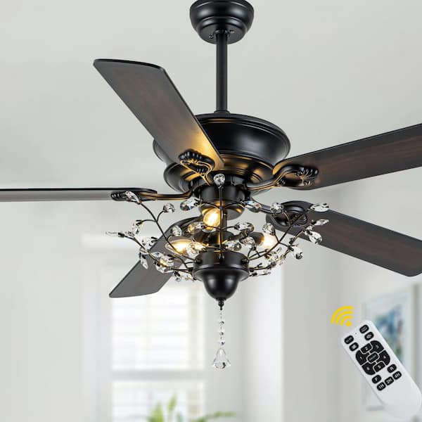 Bella Depot Luminelle 52 in. Indoor Black Standard Crystal Ceiling Fan with Light and Remote, Modern Caged Ceiling Fan with Downrod