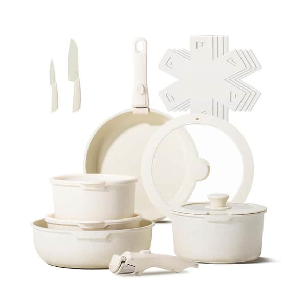 17pcs Nonstick Stackable Stock Pot Set Beige Aluminum with Removable Handle Oven Safe Induction Kitchen Cookware