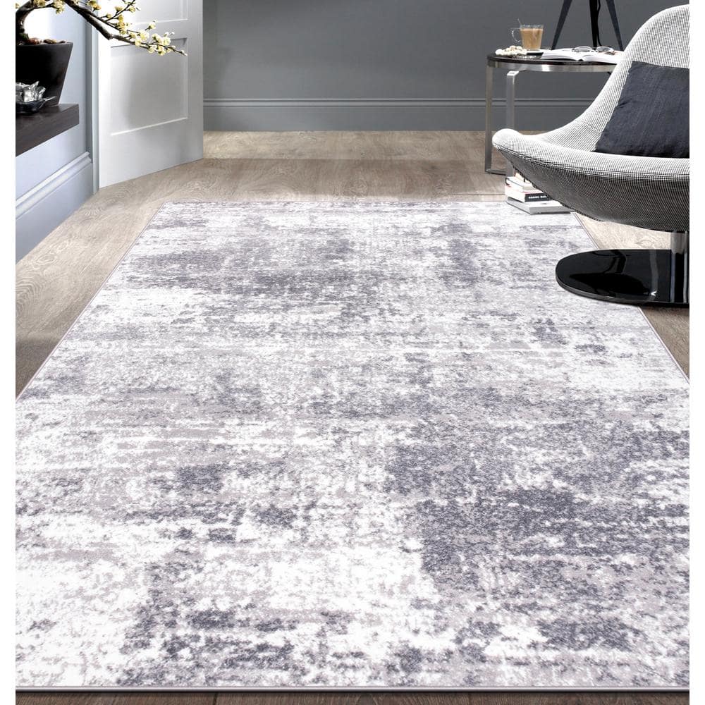 Gray Abstract 5' x 7' Stain-Resistant Synthetic Area Rug
